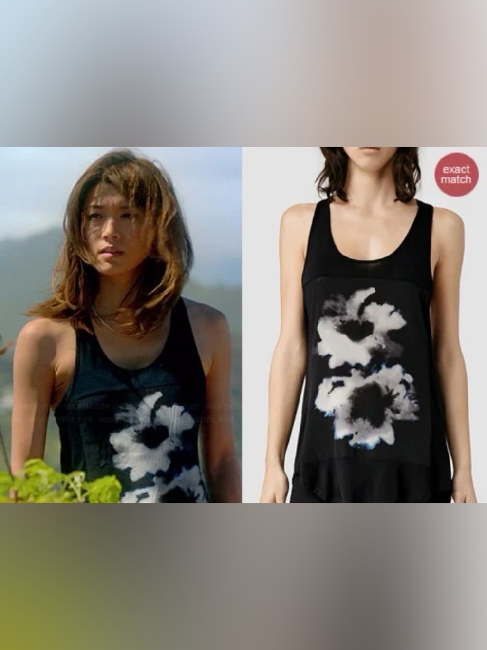 All Saints Black Tank Top with White Floral Graphic